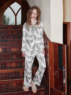 Beyaz Anka Tüy Kelebek Desenli Lüks Saten Pijama Takımı