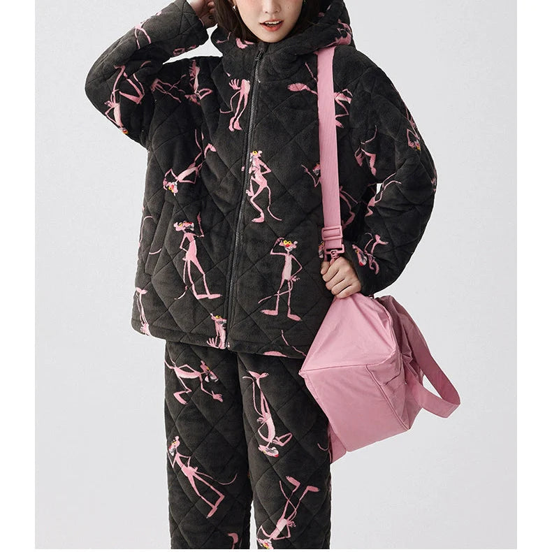 Siyah Kapüşonlu Pink Panther Flanel Kışlık Pijama Takımı