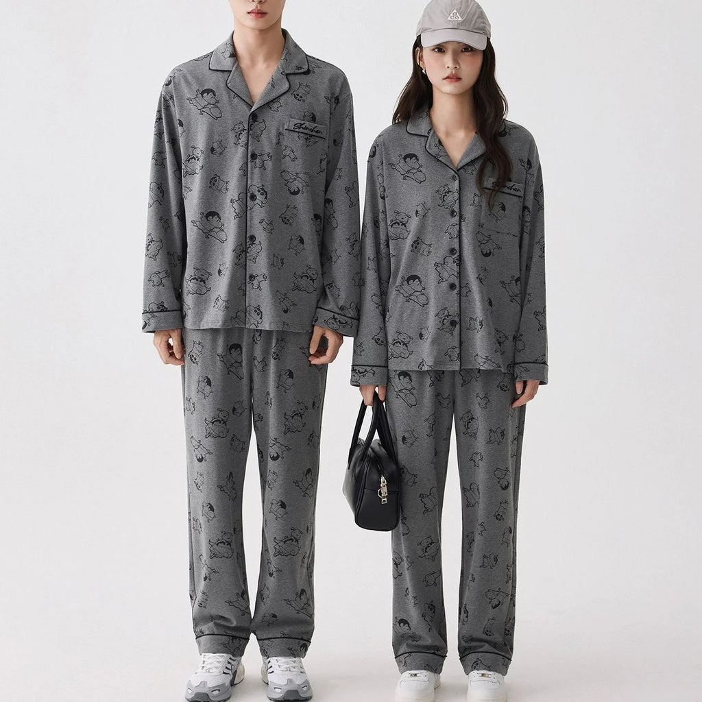 Gri Karakter Desenli Modal Pamuklu Çift Pijama Takımı