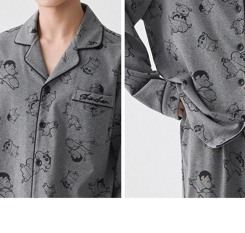 Gri Karakter Desenli Modal Pamuklu Çift Pijama Takımı