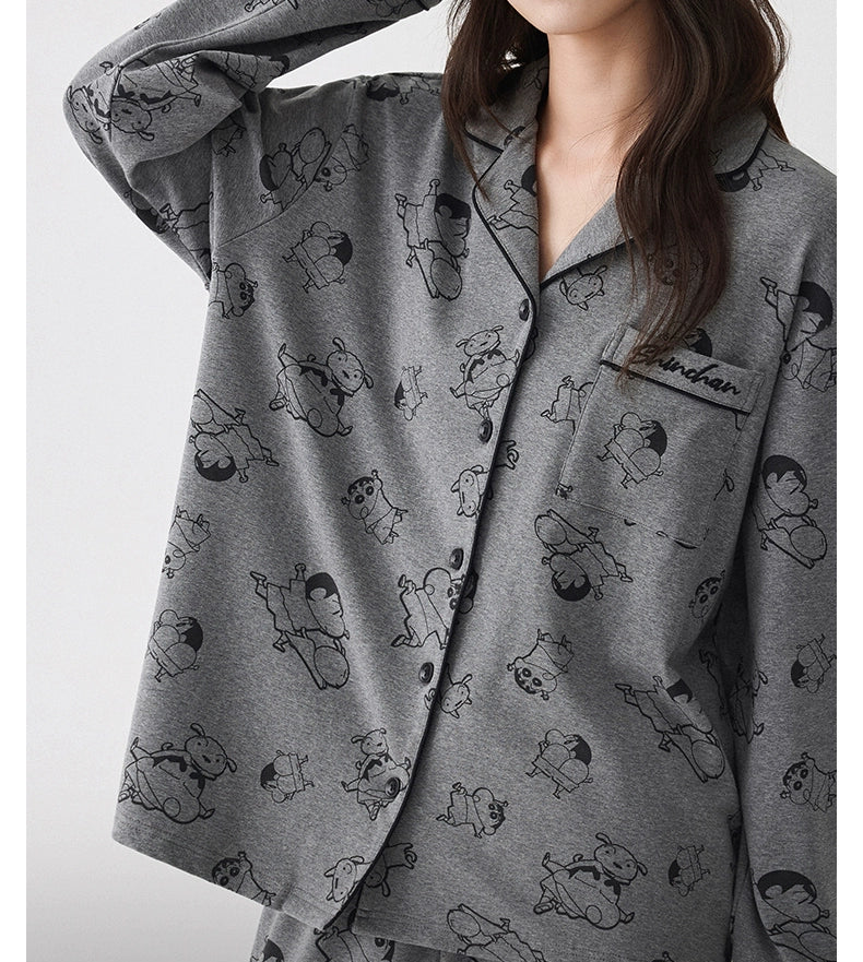 Gri Karakter Desenli Modal Pamuklu Çift Pijama Takımı