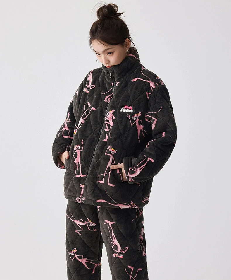 Siyah Kapüşonlu Pink Panther Flanel Kışlık Pijama Takımı