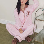 Pembe Puantiyeli İşlemeli Pamuklu Pijama Takımı