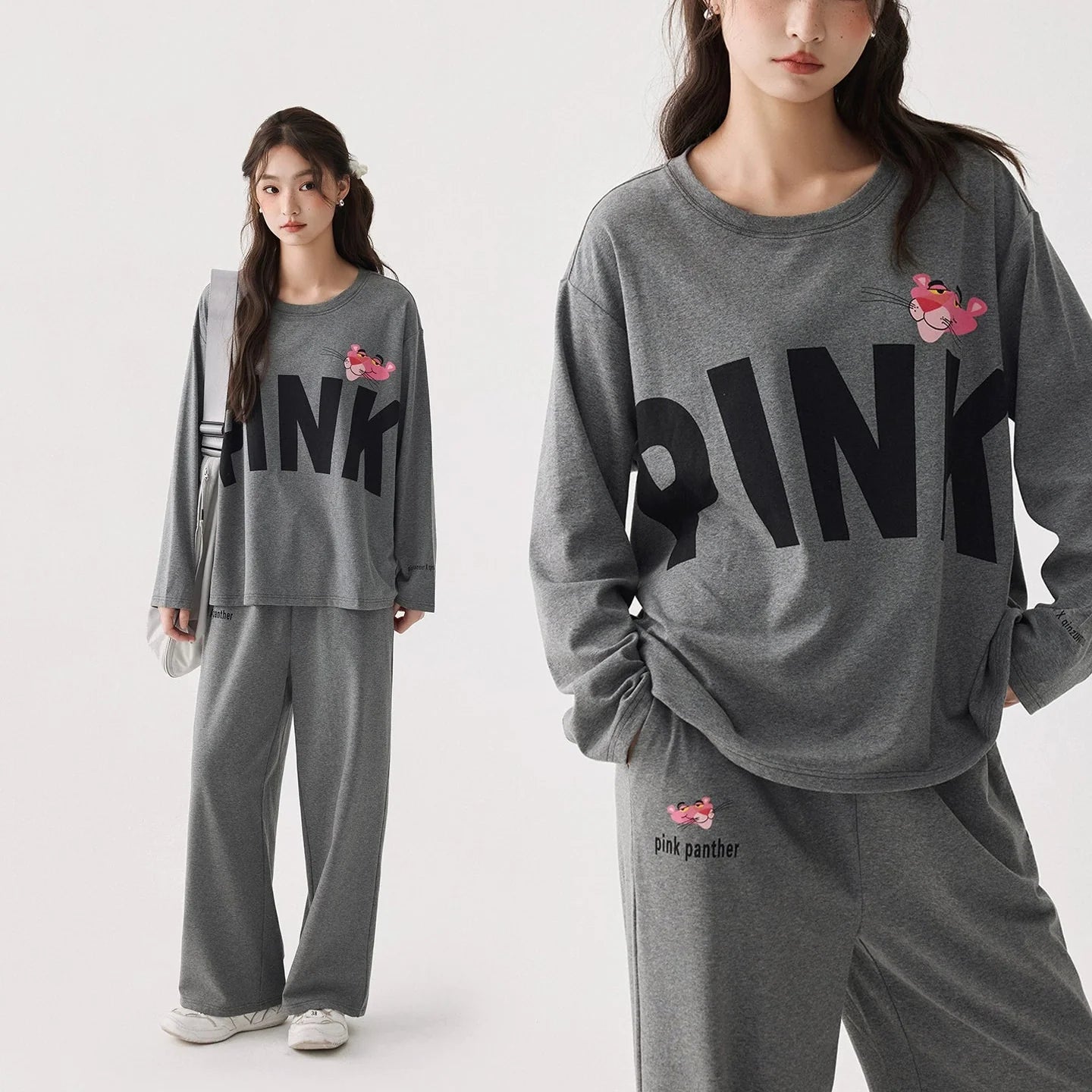 Gri Pink Panther Desenli Modal Pamuklu Pijama Takımı