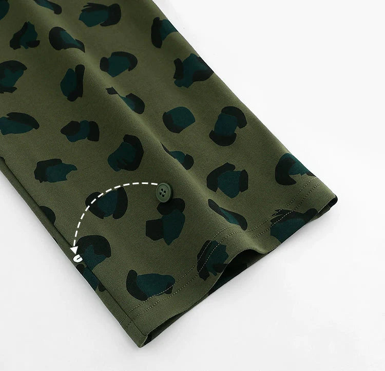 Yeşil Leopar Desenli Pamuklu Pijama Takımı