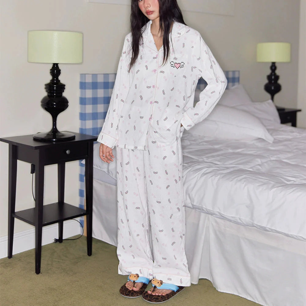 Kalp Desenli Pamuklu Pijama Takımı