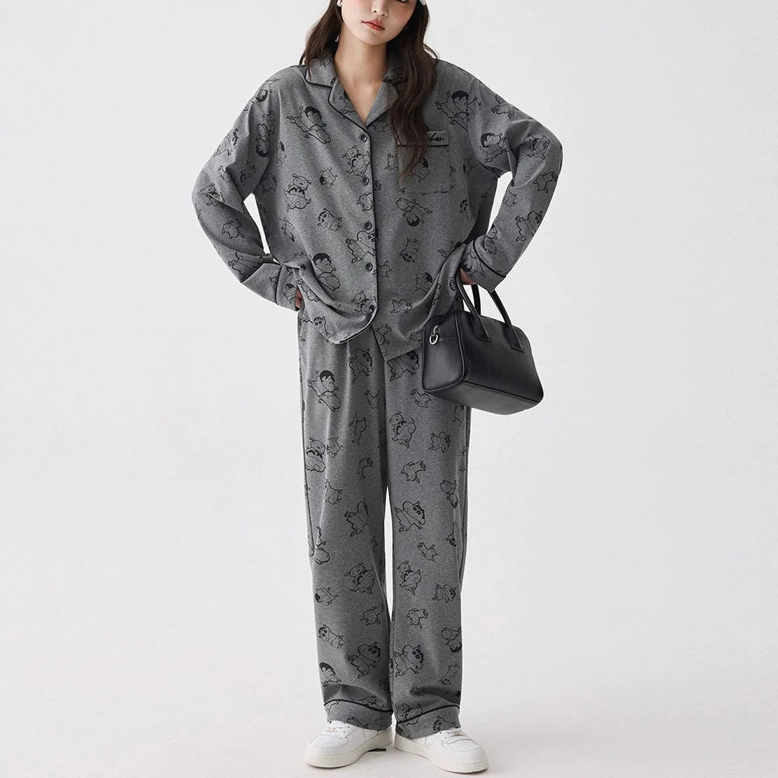 Gri Karakter Desenli Modal Pamuklu Çift Pijama Takımı