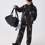 Siyah Kapüşonlu Pink Panther Flanel Kışlık Pijama Takımı