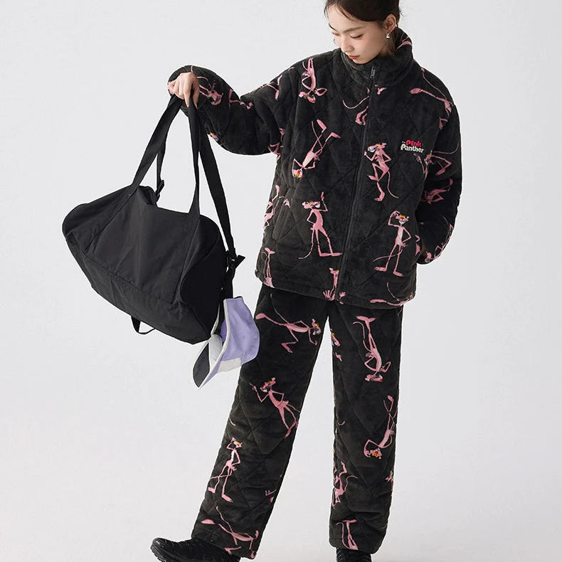 Siyah Kapüşonlu Pink Panther Flanel Kışlık Pijama Takımı