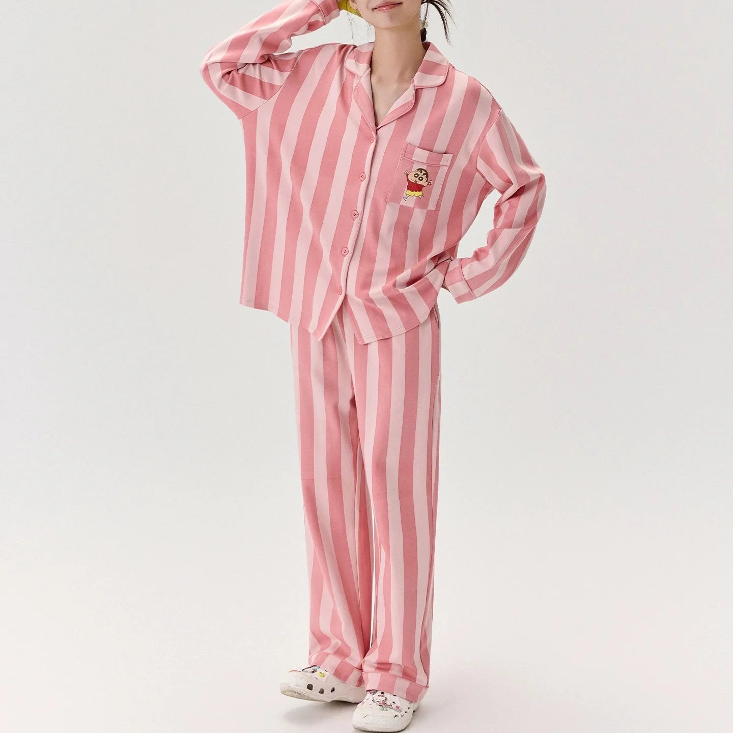 Pastel Pembe Çizgili Modal Pamuklu Pijama Takımı