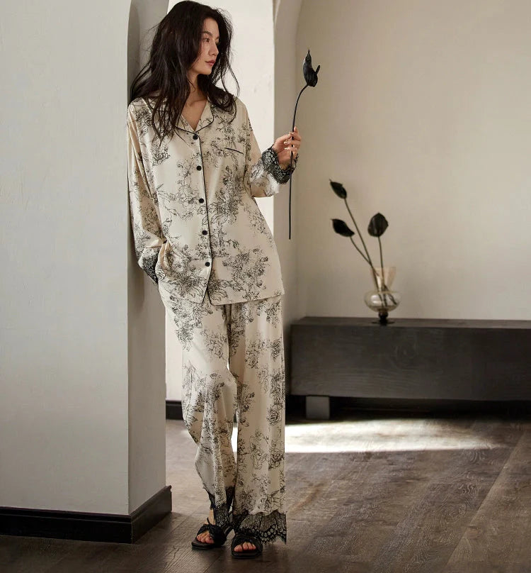 Ekru Dantel Detaylı Vintage Pamuklu Pijama Takımı