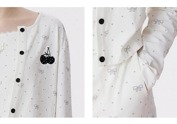 Beyaz Fiyonk Desenli Pamuklu Pijama Takımı