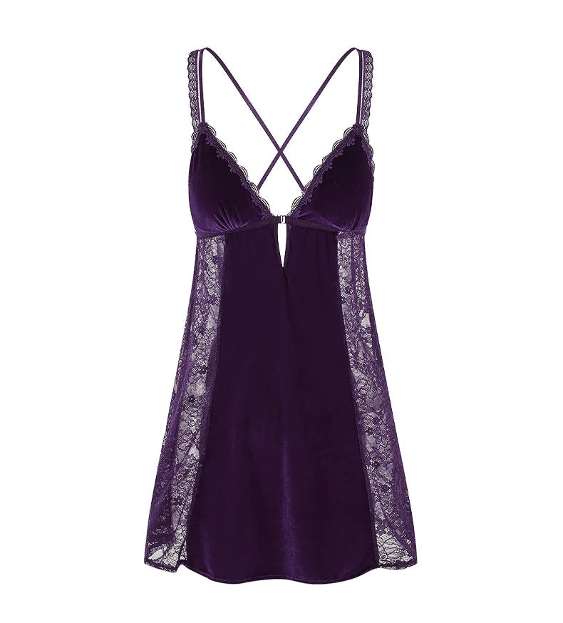 Fransız Yeni Stil Özel Kadife Dantel Gecelik/Sabahlık Set