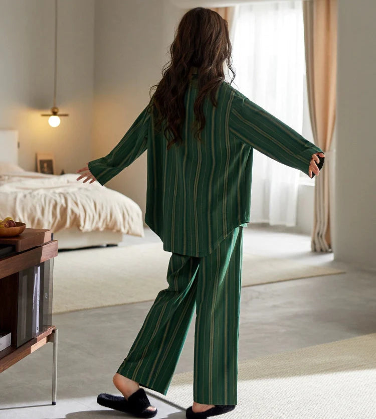 Yeşil Klasik Çizgi Desenli Pamuklu Pijama Takımı