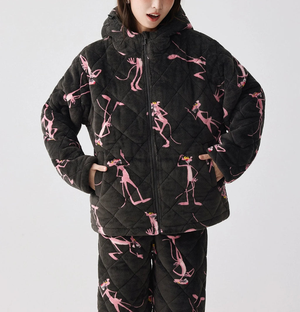 Siyah Kapüşonlu Pink Panther Flanel Kışlık Pijama Takımı