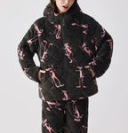 Siyah Kapüşonlu Pink Panther Flanel Kışlık Pijama Takımı