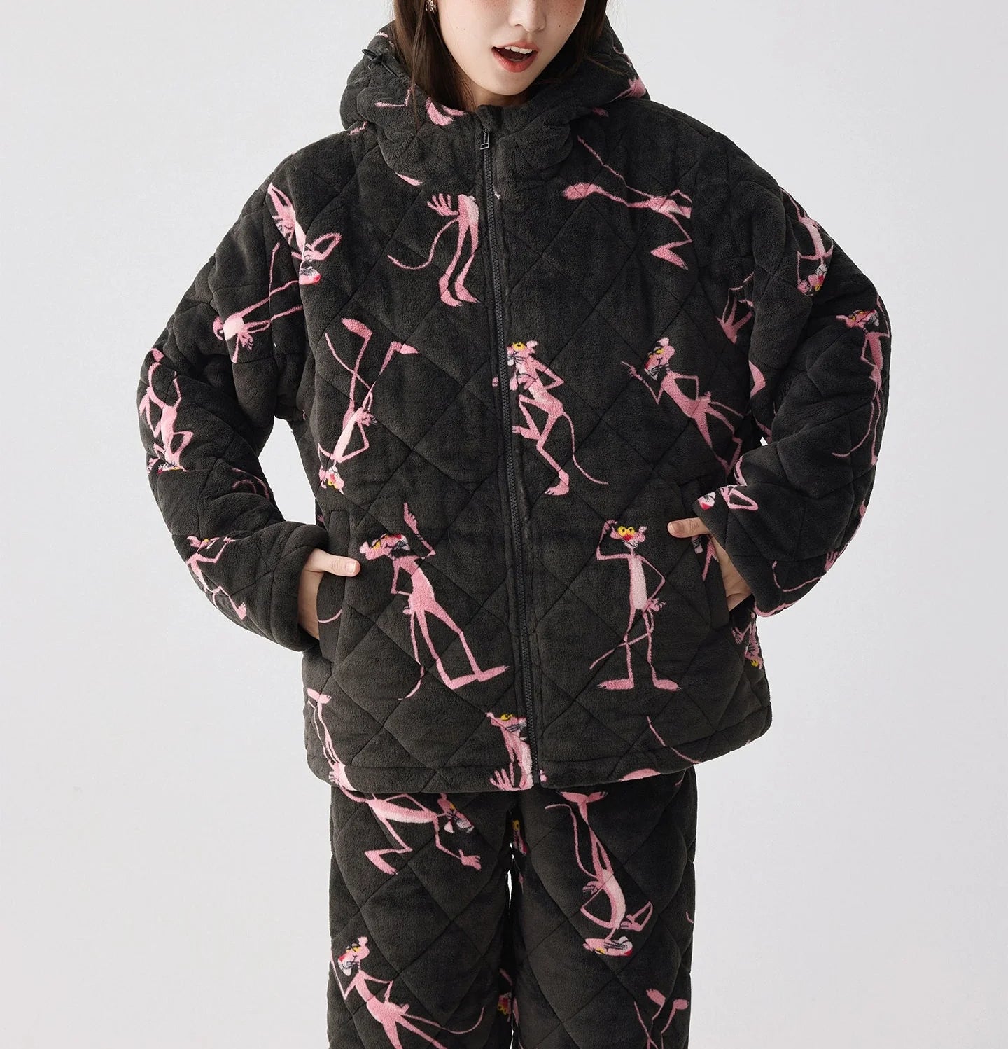 Siyah Kapüşonlu Pink Panther Flanel Kışlık Pijama Takımı