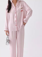 Pembe Kalp Yaka Saten Pijama Takımı