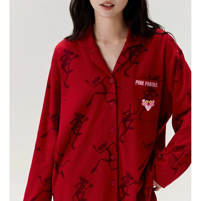 Kırmızı Pink Panther Modal Pamuklu Çift Pijama Takımı