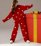 Kırmızı Kalp Desenli Yumuşak Polar Pijama Takımı