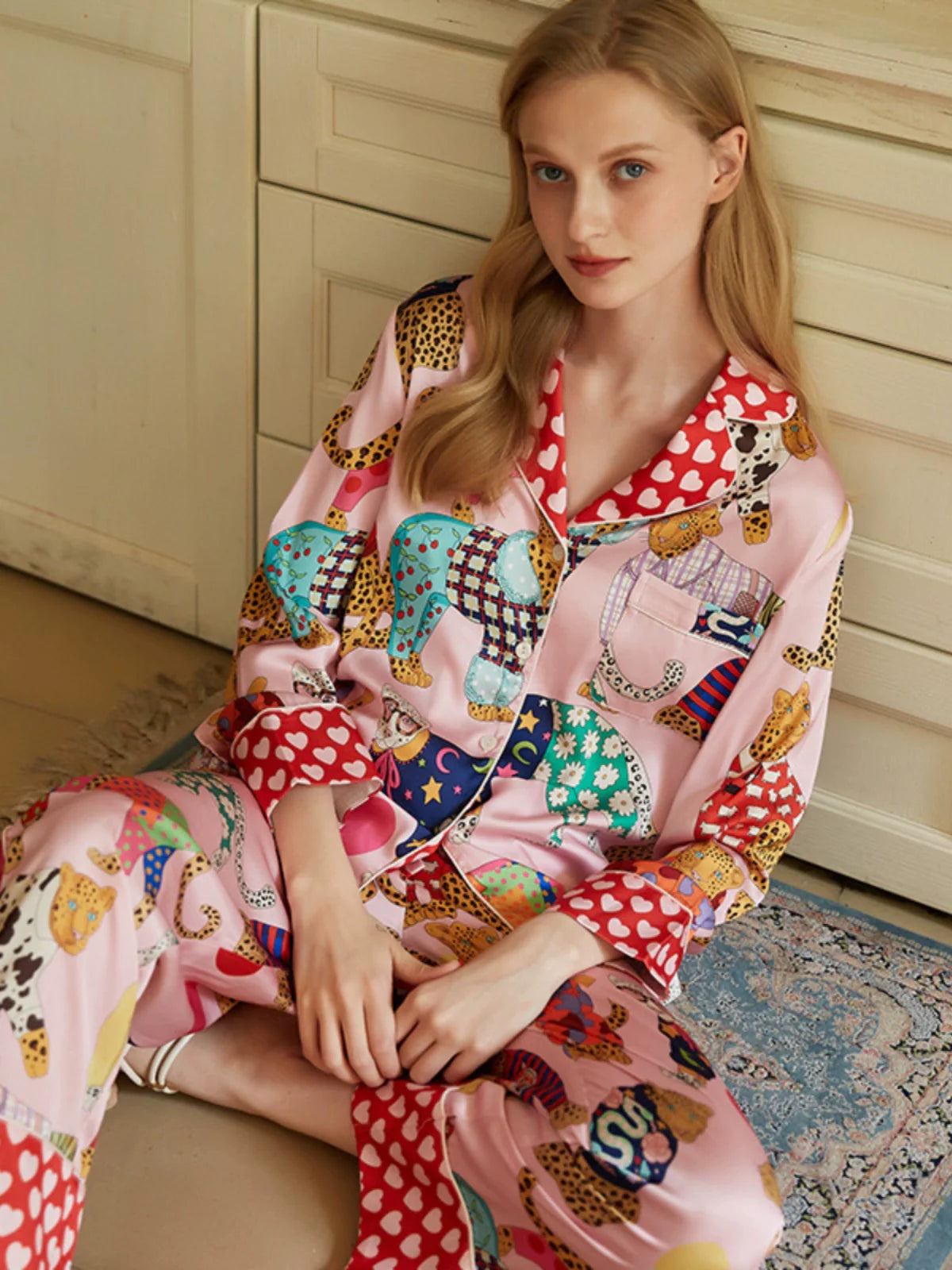 Belle Patchwork Desenli Lüks Saten Pijama Takımı