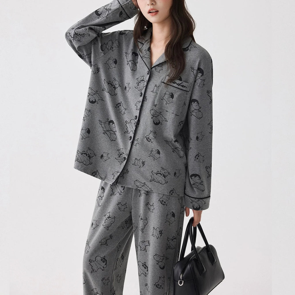 Gri Karakter Desenli Modal Pamuklu Çift Pijama Takımı