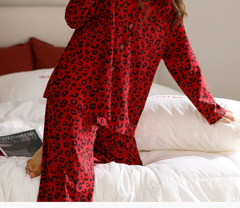 Kırmızı Leopar Desenli Pamuklu Pijama Takımı