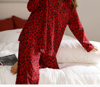 Kırmızı Leopar Desenli Pamuklu Pijama Takımı