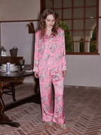 Pembe Fiyonklu Tasarım Lüks Saten Pijama Takımı