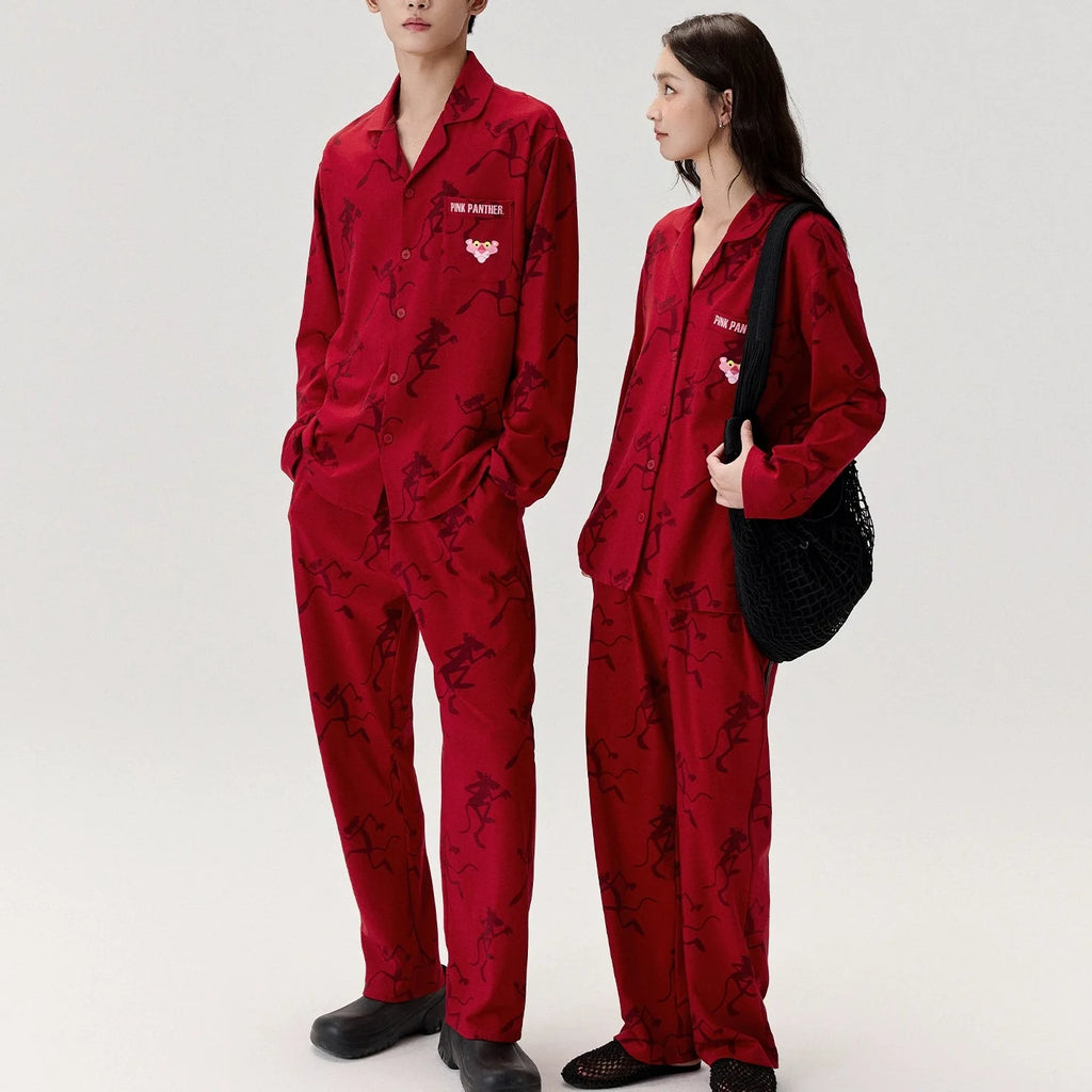 Kırmızı Pink Panther Modal Pamuklu Çift Pijama Takımı