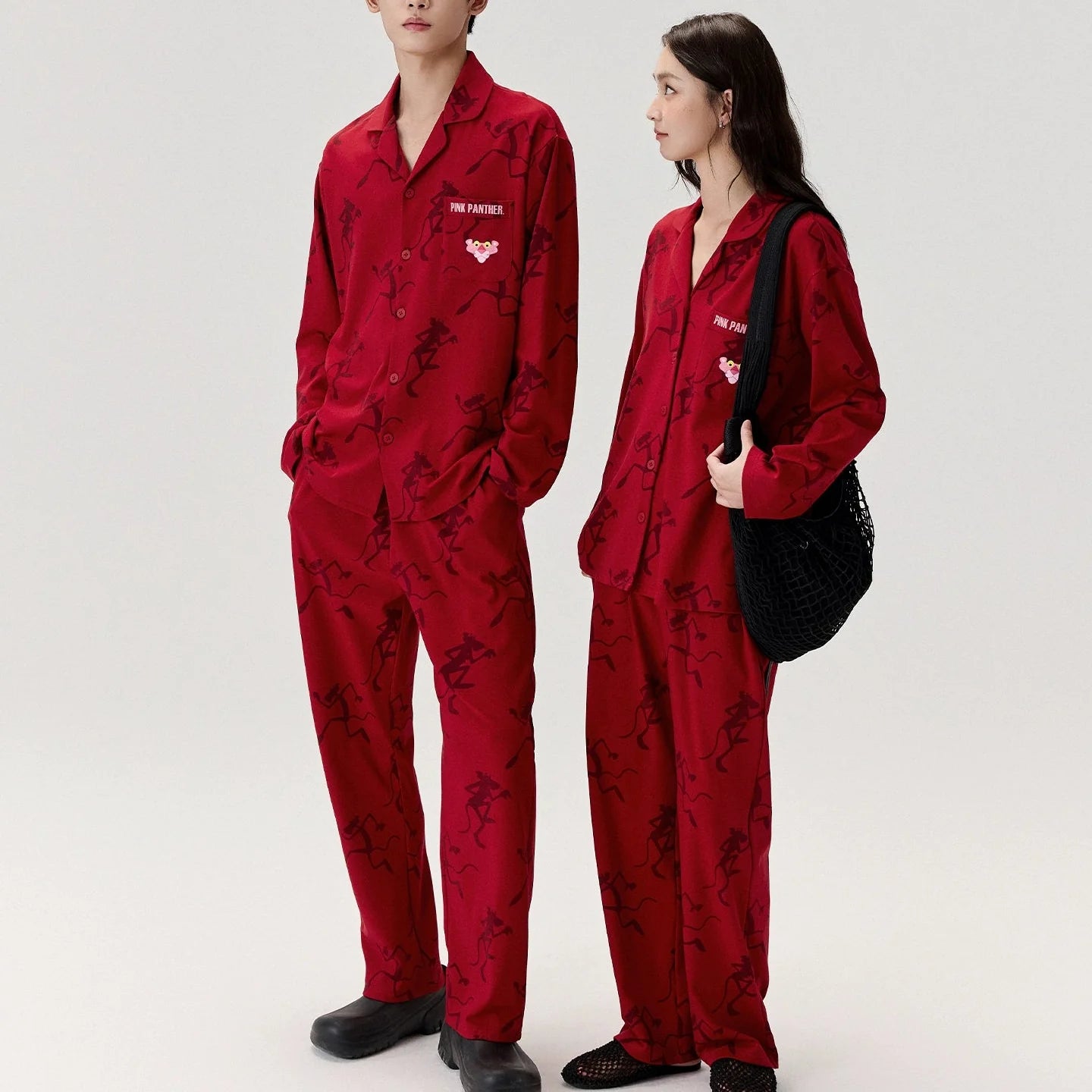 Kırmızı Pink Panther Modal Pamuklu Çift Pijama Takımı