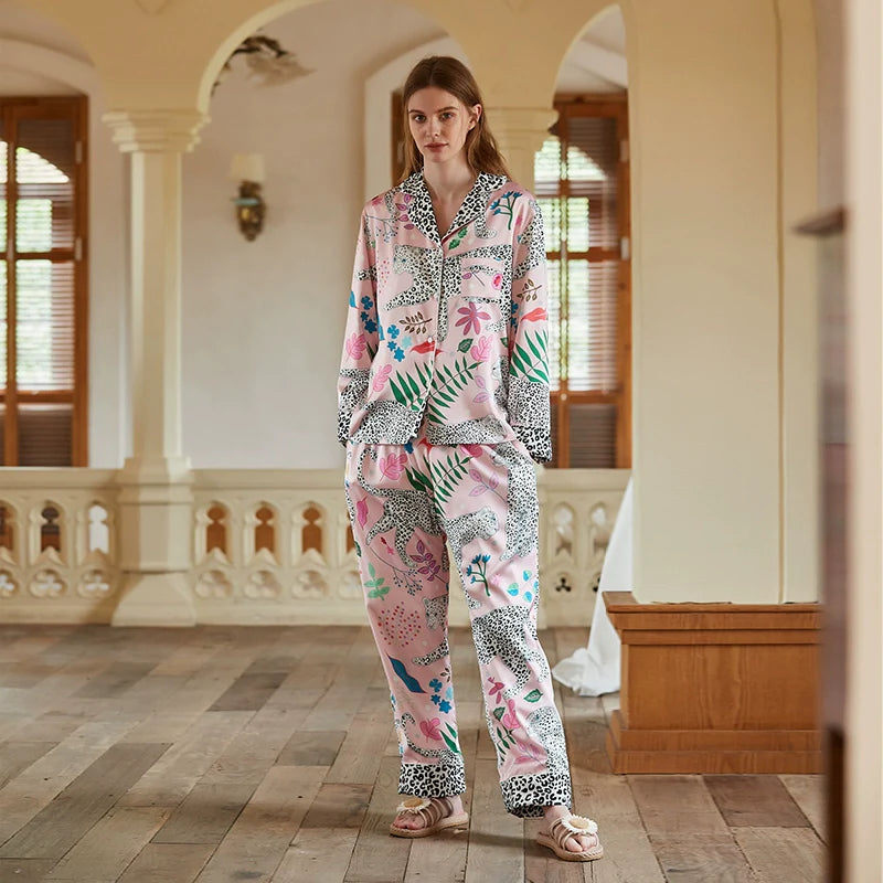 Kar Leopar Fransız Lüks Saten Pijama Takımı