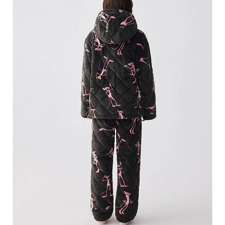 Siyah Kapüşonlu Pink Panther Flanel Kışlık Pijama Takımı