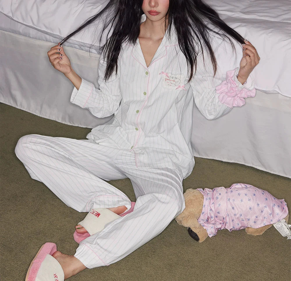 Beyaz Çizgili Pamuklu Pijama Takımı