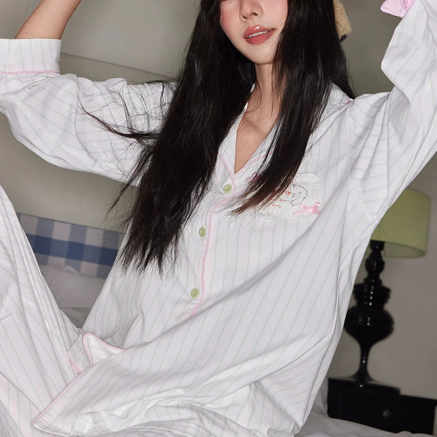 Beyaz Çizgili Pamuklu Pijama Takımı