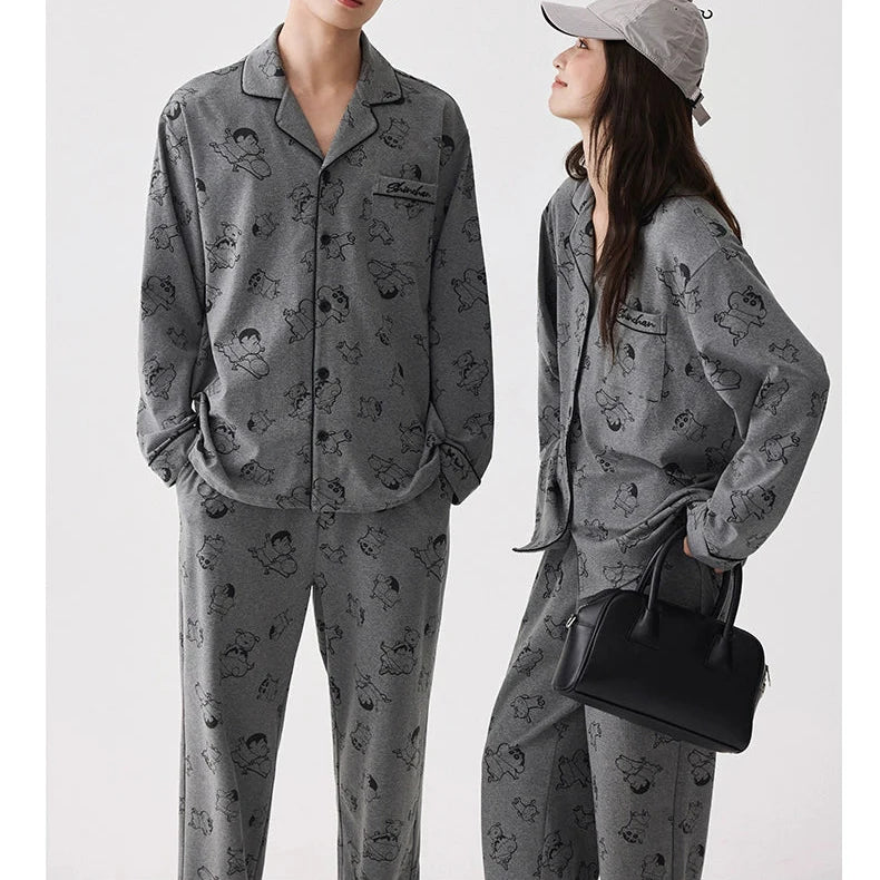 Gri Karakter Desenli Modal Pamuklu Çift Pijama Takımı