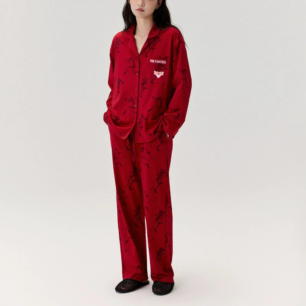 Kırmızı Pink Panther Modal Pamuklu Çift Pijama Takımı