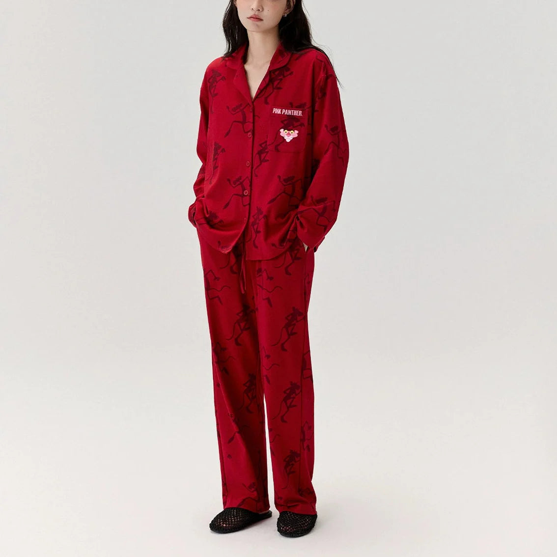 Kırmızı Pink Panther Modal Pamuklu Çift Pijama Takımı