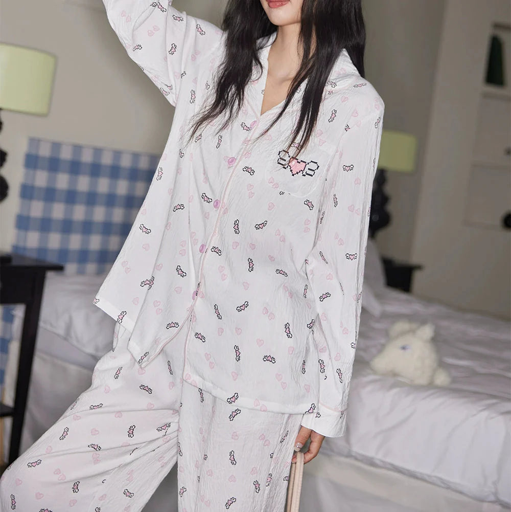 Kalp Desenli Pamuklu Pijama Takımı