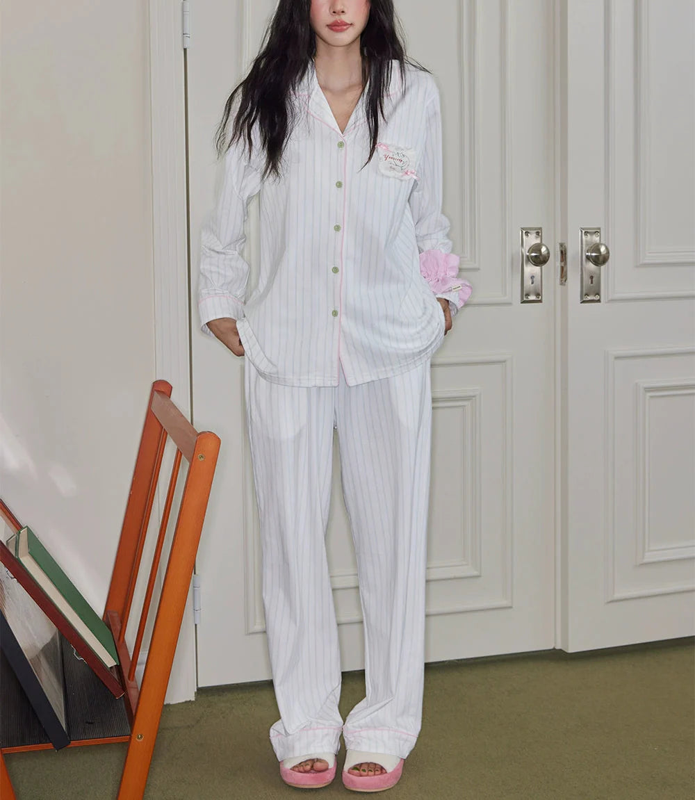 Beyaz Çizgili Pamuklu Pijama Takımı