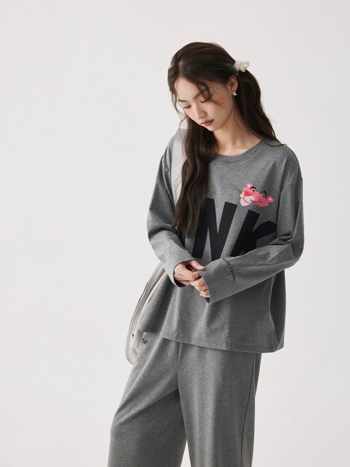 Gri Pink Panther Desenli Modal Pamuklu Pijama Takımı