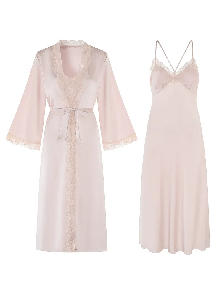 Fransız Yeni Stil Saten Dokulu Gecelik/Sabahlık Set