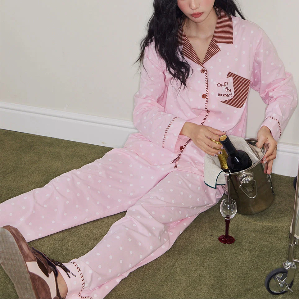 Pembe Puantiyeli İşlemeli Pamuklu Pijama Takımı