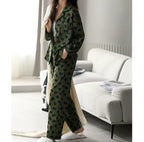 Yeşil Leopar Desenli Pamuklu Pijama Takımı