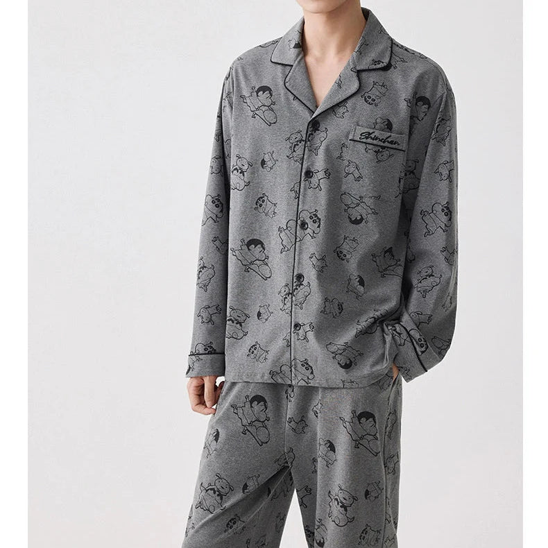 Gri Karakter Desenli Modal Pamuklu Çift Pijama Takımı