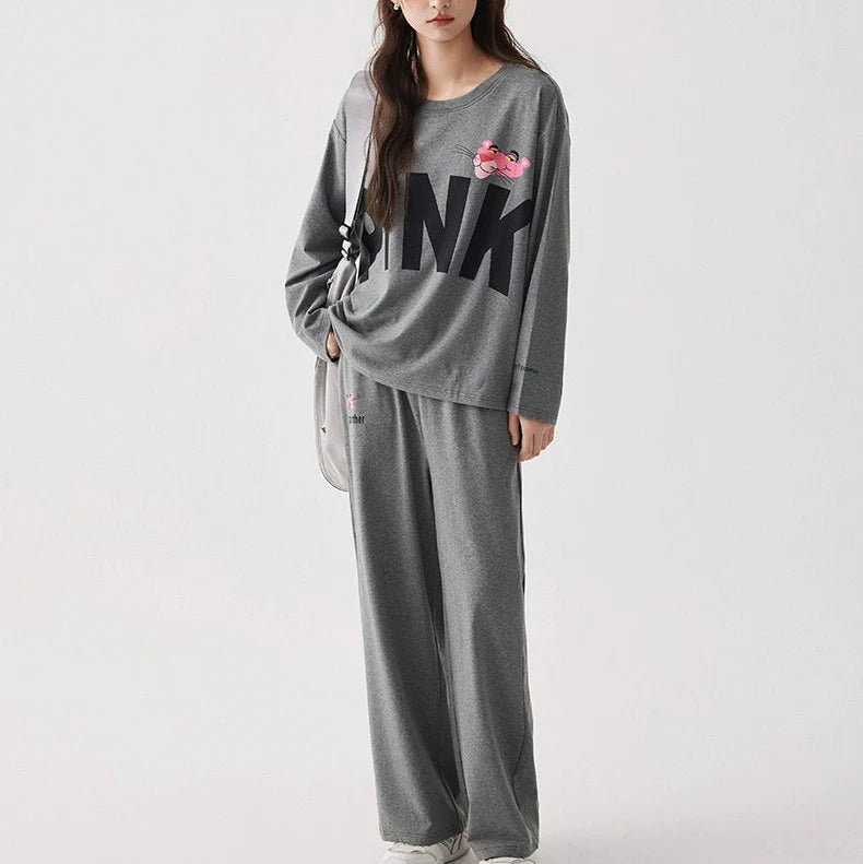 Gri Pink Panther Desenli Modal Pamuklu Pijama Takımı