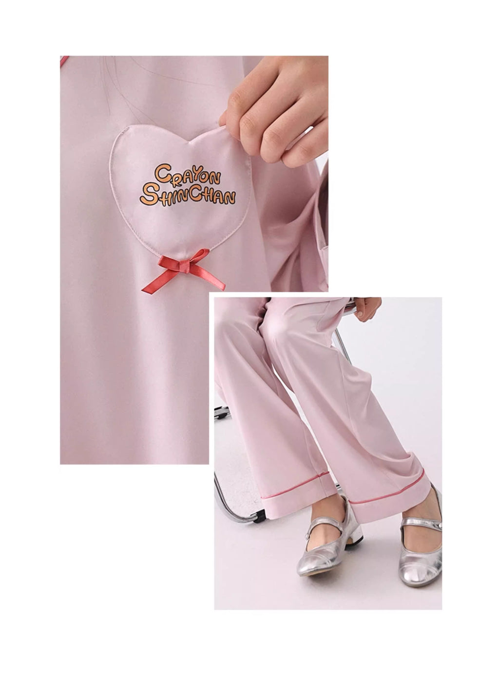 Pembe Kalp Yaka Saten Pijama Takımı