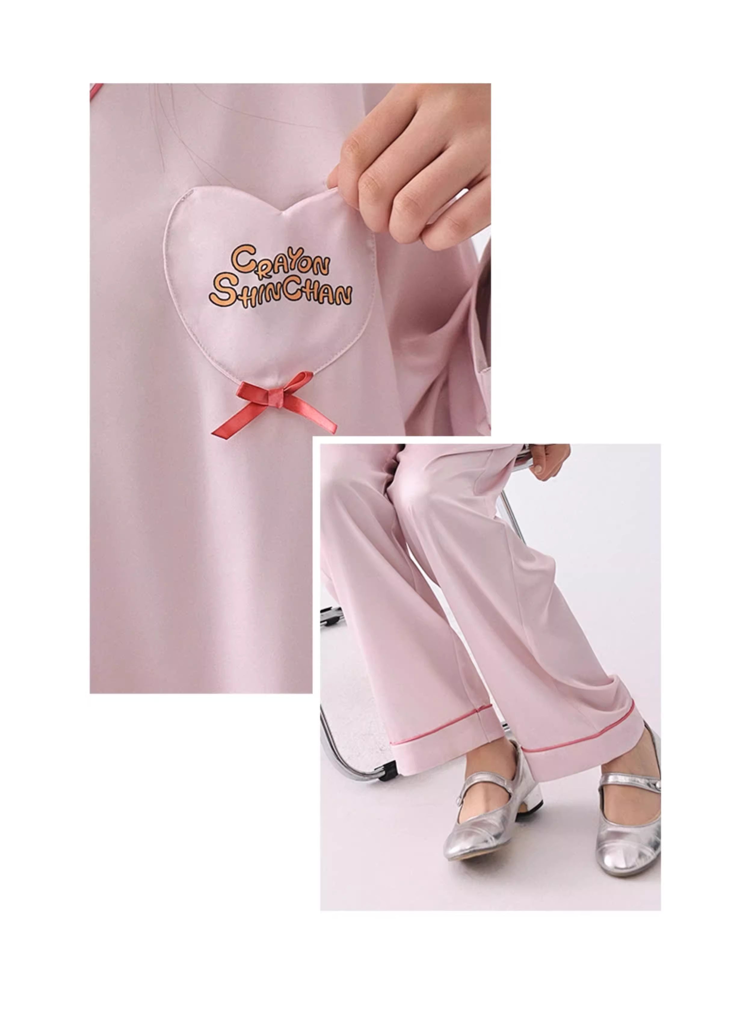 Pembe Kalp Yaka Saten Pijama Takımı