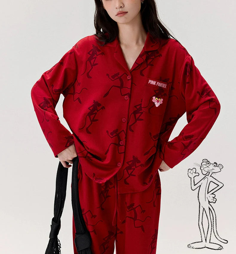 Kırmızı Pink Panther Modal Pamuklu Çift Pijama Takımı