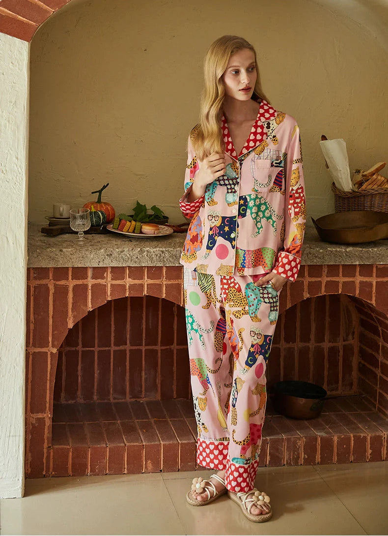 Belle Patchwork Desenli Lüks Saten Pijama Takımı